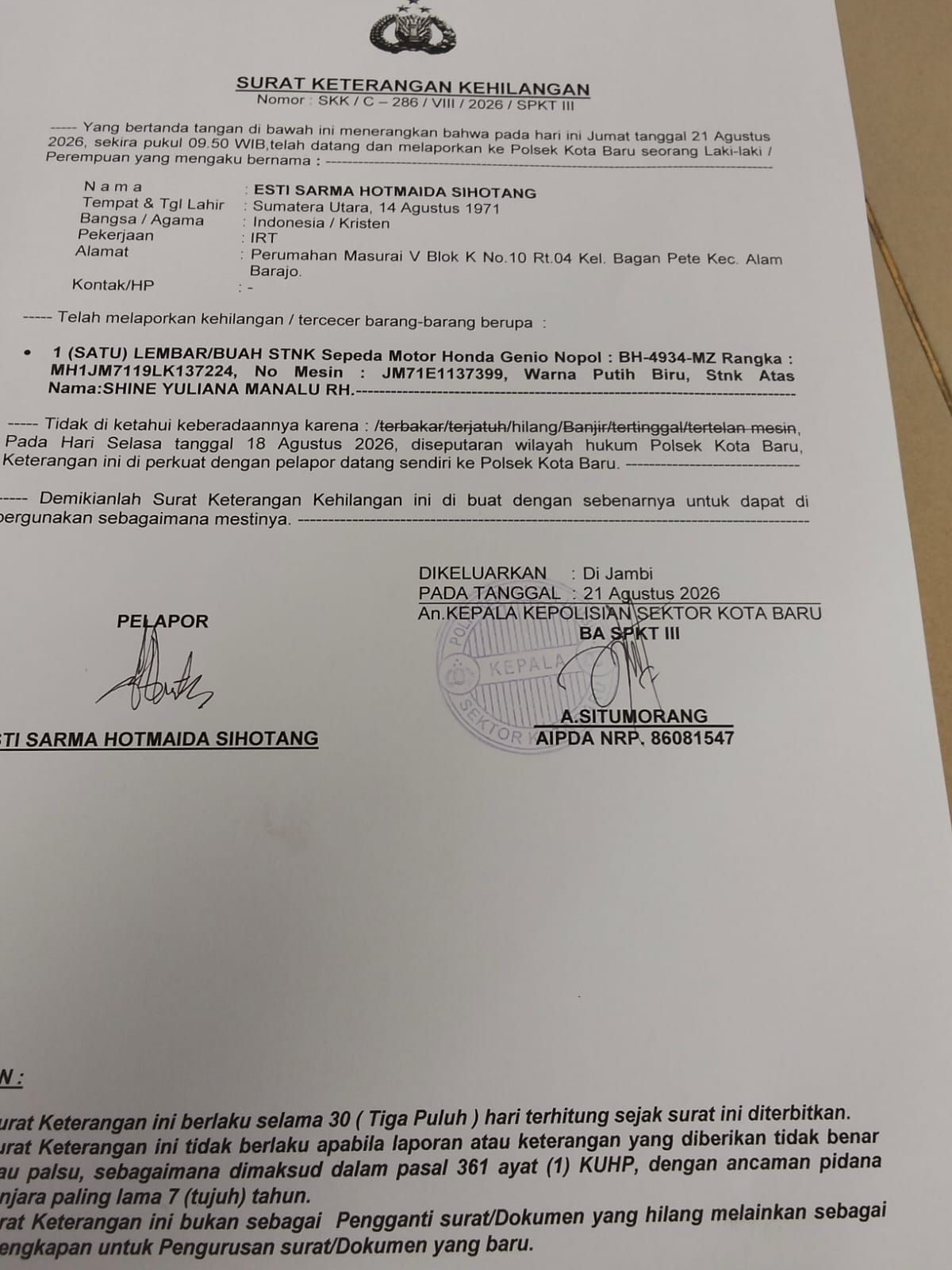 PENGUMUMAN KEHILANGAN STNK
