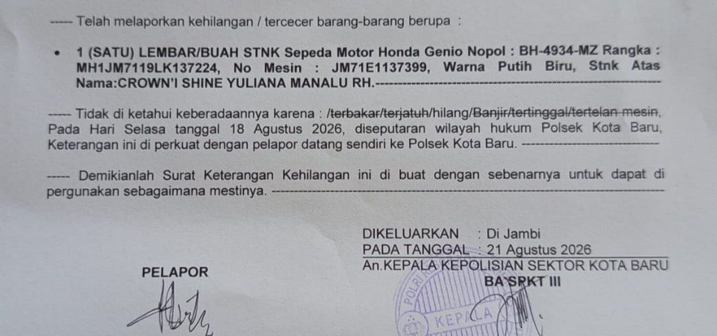 PENGUMUMAN KEHILANGAN STNK