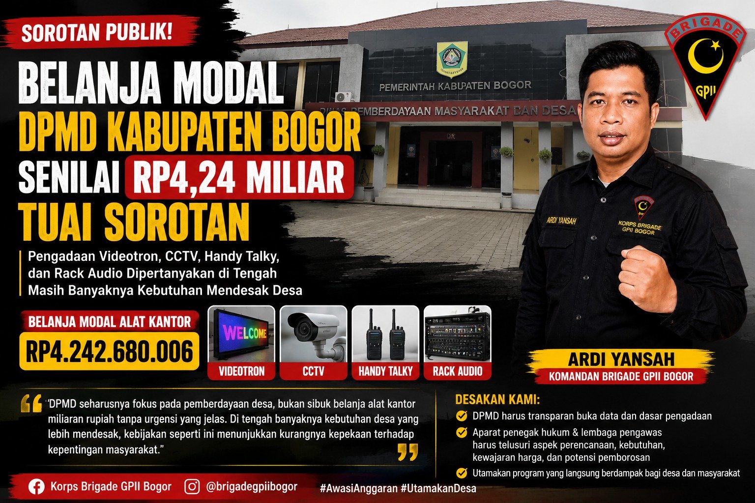 GPII Kritik Belanja Barang Rp 4,2 Miliar DPMD Kabupaten Bogor Sebagai Pemborosan