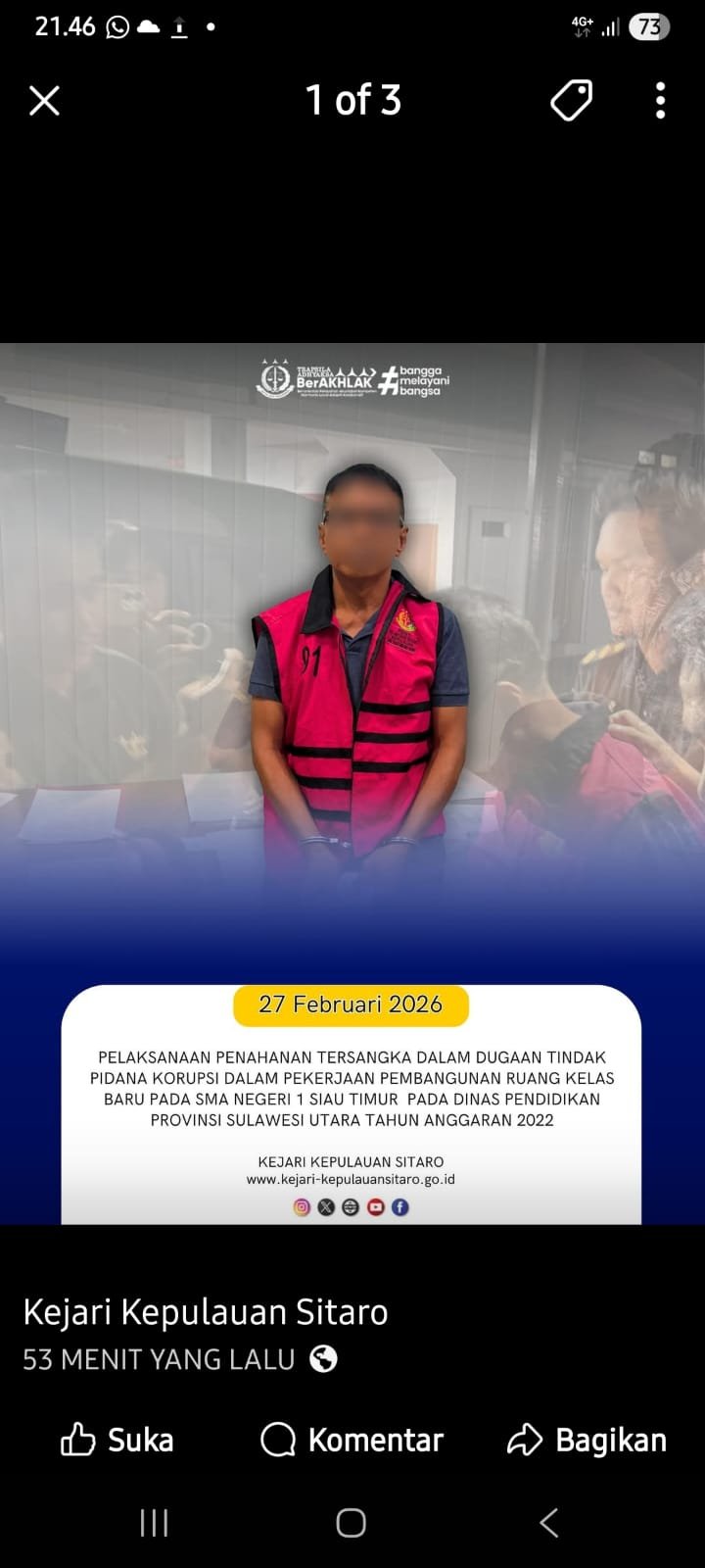 Kejari Sitaro Menahan Tersangka Dugaan Korupsi Pembangunan Ruang Kelas Baru SMAN 1 Sitim TA 2022